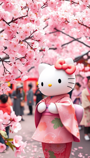 Hello Kitty is dressed in a beautiful kimono, celebrating the sakura blossom festival amidst a sea of delicate pink cherry blossoms. The air is filled with the sweet scent of the flowers, and the festival is alive with traditional music, dance, and food, capturing the essence of spring and cultural beauty.